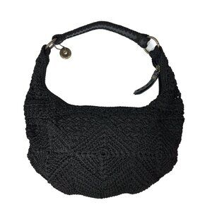 The Sak Black Crochet Hobo Shoulder Bag Purse Boho Knit Zip Top
